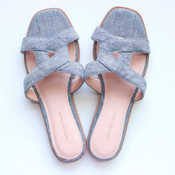 Anthropologie Avec Les Filles Blaye Chambray Slide Sandals Flip Flops Flats 7 - Picture 3 of 16